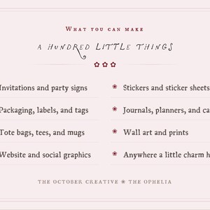 The image is a list of various items that can be made, including invitations and party signs, stickers and sticker sheets, packaging, labels, and cards, tote bags, tees, and mugs, wall art and prints, and website and social graphics.