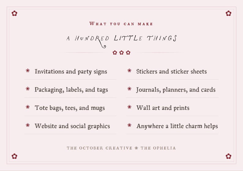 The image is a list of various items that can be made, including invitations and party signs, stickers and sticker sheets, packaging, labels, and cards, tote bags, tees, and mugs, wall art and prints, and website and social graphics.