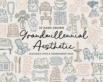 Grandmillennial Clipart Bundle, Shabby Chic Doodle Icons (SVG PNG)
