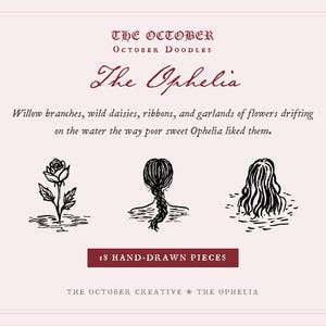 The image is a hand-drawn piece featuring three stylized illustrations of flowers and a woman's head, accompanied by text describing the artwork.