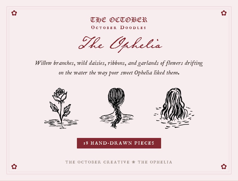 The image is a hand-drawn piece featuring three stylized illustrations of flowers and a woman's head, accompanied by text describing the artwork.