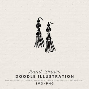 May include: A black hand-drawn doodle illustration of a pair of dangle earrings featuring beads and tassels. The text below reads: Hand-Drawn DOODLE ILLUSTRATION FOR PERSONAL & LIMITED COMMERCIAL USE • TRANSPARENT BACKGROUND SVG • PNG.