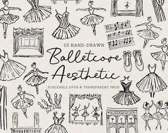 May include: A collection of 23 hand-drawn ballet-themed illustrations in black and white. The images include ballerinas, tutus, ballet shoes, stage settings, and the text "Balletcore Aesthetic". The illustrations are scalable SVGs and transparent PNGs.