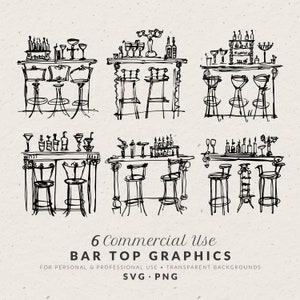 Hand Drawn Cocktail Bar Illustration Bundle SVG PNG, Whimsical Line Art Icons, Vintage Doodles, Commercial Clip Art for Wedding Invitation