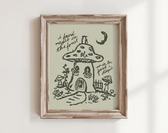 Vintage Mushroom House Art Print, A Home in the Forest, Whimsical Cottagecore Wall Art, Hand Drawn Fairytale Illustration