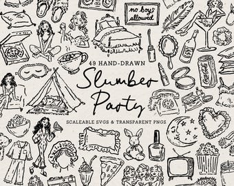 May include: Hand-drawn illustration with the text "Slumber Party" and various related elements. Includes images of pizza, a tent, a bed, a martini glass, popcorn, and other items associated with a sleepover. The phrase "no boys allowed" is also present.