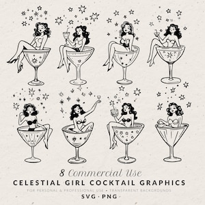 Illustrazione di una donna disegnata a mano in un bicchiere da Martini in formato SVG PNG, scarabocchio di una ragazza stravagante con un cocktail, modello di invito per una festa di Natale