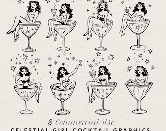 Hand Drawn Woman in Martini Glass Illustration SVG PNG, Whimsical Girl Cocktail Doodle, Art for Christmas Holiday Party Invitation Template