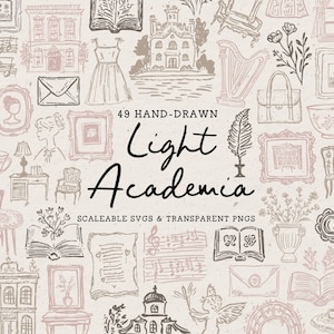 Clipart estético de Light Academia, paquete de ilustraciones dibujadas a mano, iconos de boda extravagantes, arte lineal SVG PNG, ratón de biblioteca, biblioteca, té