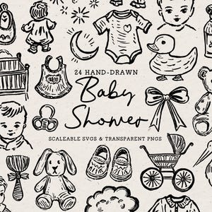 Baby Shower Icon Clipart Set, Hand Drawn Baby Line Art, Nursery Illustration Bundle for Whimsical Birthday Party Invitation, Doodle PNG SVG