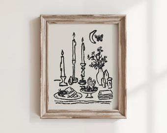 Candles and Crystals Art Print, By Candlelight, Whimsical Witchy Wall Art, Hand Drawn Celestial Still Life Illustration