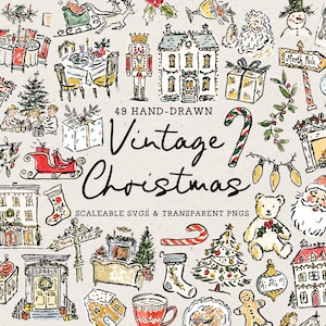 Handgezeichnete Vintage Weihnachtsillustrationen, wunderliches Urlaubs Doodle Line Art Bundle (SVG & PNG)