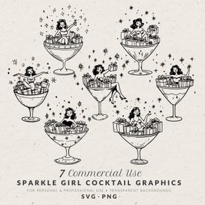 Hand Drawn Festive Woman in Martini Glass Illustration SVG PNG, Girl in Presents Cocktail Doodle, Art for Holiday Party Invitation Template