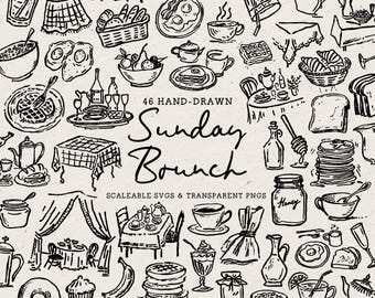 Hand Drawn Breakfast Food Doodle Bundle, Sunday Brunch Line Art Illustrations (SVG & PNG Download)