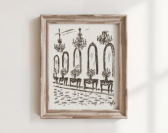 Arched Windows Art Print, The Long Hall, Whimsical Maximalist Wall Art, Hand Drawn Vintage Conservatory Illustration