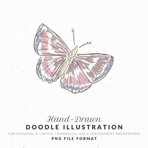 May include: A hand-drawn butterfly illustration featuring soft pink, muted purple, and light blue tones with visible sketch lines. Below the butterfly, the text reads: Hand-Drawn DOODLE ILLUSTRATION FOR PERSONAL & LIMITED COMMERCIAL USE • TRANSPARENT BACKGROUND PNG FILE FORMAT