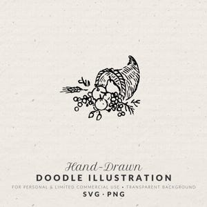 May include: A black and white hand-drawn doodle illustration of a cornucopia overflowing with various fruits and wheat stalks. The graphic features clean lines and a textured appearance, presented on a light, speckled off-white background.