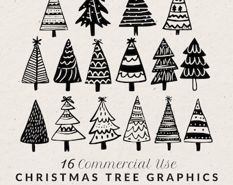 Pacote de Clipart de Árvore de Natal: Desenhos natalinos feitos à mão, em SVG e PNG.