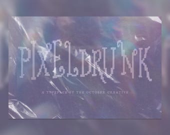 May include: A rectangular graphic featuring the text PIXELD RUNK in a white pixelated font, with the smaller text A TYPEFACE BY THE OCTOBER CREATIVE below it, all set against a purple background with a crinkled, translucent plastic overlay.