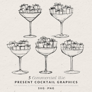 Hand Drawn Festive Gift Martini Glass Illustration SVG PNG, Whimsical Christmas Present Cocktail Doodle, Art for Holiday Party Invitation