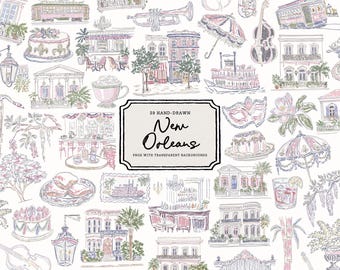 New Orleans Clipart, Hand Drawn French Quarter and Jazz Illustrations, PNG