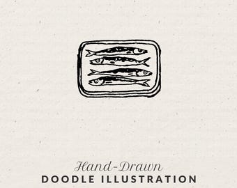 Tinned Fish Line Art Icon - Hand Drawn Whimsical Food Illustration Doodle Clipart (PNG & SVG)