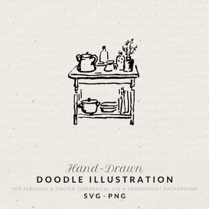 May include: A black and white hand-drawn doodle illustration of a two-tiered kitchen cart or table. The top surface holds a teapot, bottles, and a small plant. The bottom shelf features a lidded pot and stacked plates. The text reads Hand-Drawn DOODLE ILLUSTRATION FOR PERSONAL & LIMITED COMMERCIAL USE • TRANSPARENT BACKGROUND SVG • PNG.