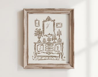 French Sideboard Art Print, The Sideboard, Whimsical Vintage Wall Art, Hand Drawn French Country Interior Illustration