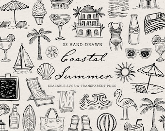 Handgezeichnetes Sommer Doodle Paket, skurrile Line Art Illustrationen (SVG & PNG Download)