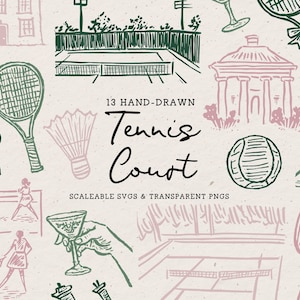 Tênis Pickleball Clipart, Hand Drawn Summer Doodle Bundle, Ilustrações SVG PNG, Ícones de casamento, Esportes de quadra, Badminton, Arte de raquetebol