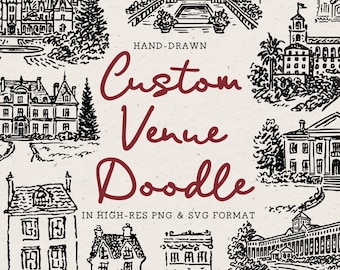 Custom Wedding Venue Illustration, Hand Drawn Whimsical Vintage Style (PNG & SVG Files)