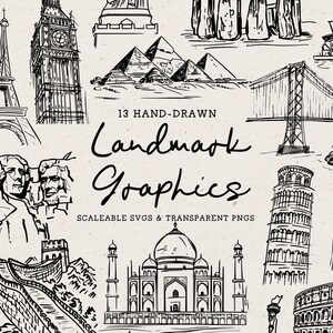 Hand Drawn Famous Landmarks Doodle Bundle, Architecture Line Art Illustrations (SVG & PNG Download)