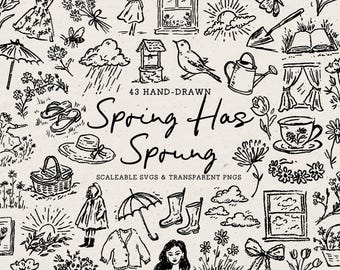 Hand Drawn Springtime Doodle Bundle, Floral Line Art Illustrations (SVG & PNG Download)