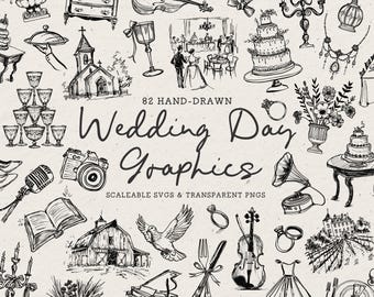 Paquete de ilustraciones clásicas de boda dibujadas a mano (SVG/PNG), iconos de fiesta de recepción, imágenes prediseñadas de doodle de compromiso de boda, iconos en blanco y negro