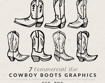 Pacchetto di disegni a mano libera di stivali da cowboy, illustrazioni in stile rodeo (icone SVG e PNG)