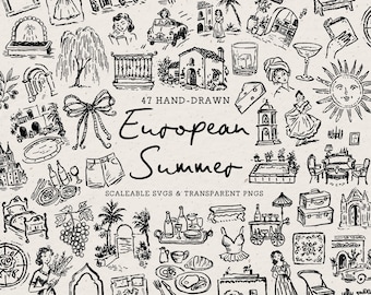 Hand Drawn European Summer Doodle Bundle, Vacation Line Art Illustrations (SVG & PNG Download)