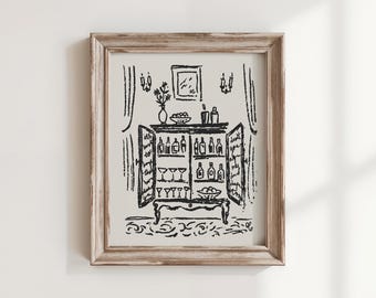 Bar Cabinet Art Print, The Bar Cabinet, Whimsical Cocktail Wall Art, Hand Drawn Vintage Bar Cart Illustration, Martini