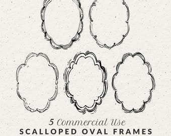 Scalloped Oval Frame Clipart Set: 5 Hand-Drawn Borders, SVG & PNG