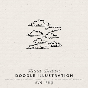 May include: A hand-drawn doodle illustration featuring several black cloud shapes on a cream background. The text "Hand-Drawn DOODLE ILLUSTRATION" is below the clouds. Additional text includes "FOR PERSONAL & LIMITED COMMERCIAL USE • TRANSPARENT BACKGROUND" and "SVG • PNG".