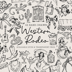 May include: Black and white hand-drawn illustrations of Western and rodeo themed elements. Includes a cowboy hat, a woman with a gun, a horse, a sheriff's badge, and the text "Western Rodeo".