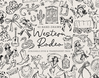 Hand Drawn Western Rodeo Doodle Bundle, Bachelorette Line Art Illustrations (SVG & PNG Download)