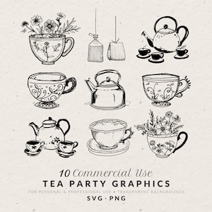 Ilustraciones de té dibujadas a mano (SVG/PNG), iconos de juegos de té dibujados a mano, garabatos caprichosos, imágenes prediseñadas de té para uso comercial, imágenes prediseñadas de taza de té