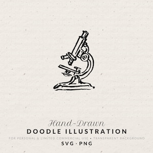May include: A hand-drawn doodle illustration of a microscope in black ink. The image includes the text "Hand-Drawn DOODLE ILLUSTRATION" and additional text indicating the image is for personal and limited commercial use, with a transparent background, and available in SVG and PNG formats.