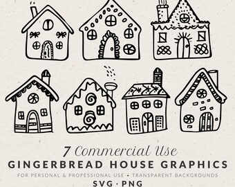 Hand Drawn Gingerbread House Illustrations, Whimsical Holiday Doodle Line Art Bundle (SVG & PNG Clipart)