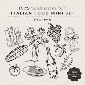Könnte beinhalten: Schwarz-Weiß-Illustrationen italienischer Lebensmittel, darunter Pasta, Wein und Trauben. Der Text lautet "10 ct. Commercial Use ITALIAN FOOD MINI SET" und "COLOR CHANGEABLE SVGSI."