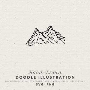May include: A black hand-drawn doodle illustration of two mountain peaks with jagged outlines. Below the graphic, the text reads: Hand-Drawn DOODLE ILLUSTRATION FOR PERSONAL & LIMITED COMMERCIAL USE • TRANSPARENT BACKGROUND SVG • PNG.