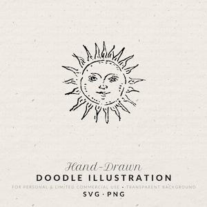 May include: A hand-drawn doodle illustration of a smiling sun with radiating rays. The sun has a face with detailed features. The text "Hand-Drawn DOODLE ILLUSTRATION" is below the sun. Additional text indicates the image is for personal and limited commercial use, with a transparent background, and is available in SVG and PNG formats.