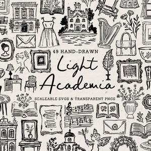 Könnte beinhalten: Handgezeichnete Schwarz-Weiß-Illustrationen verschiedener Objekte, darunter Gebäude, Bücher, Noten und Möbel. Der Text "49 HAND-DRAWN Light Academia" ist prominent dargestellt, zusammen mit "SCALEABLE SVGS & TRANSPARENT PNGS".