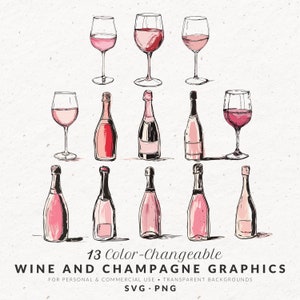 Hand Drawn Wine and Champagne Bottle Illustrations SVG PNG, Color Drink Icons, Whimsical Wedding Doodle, Commercial Clipart for Invitations