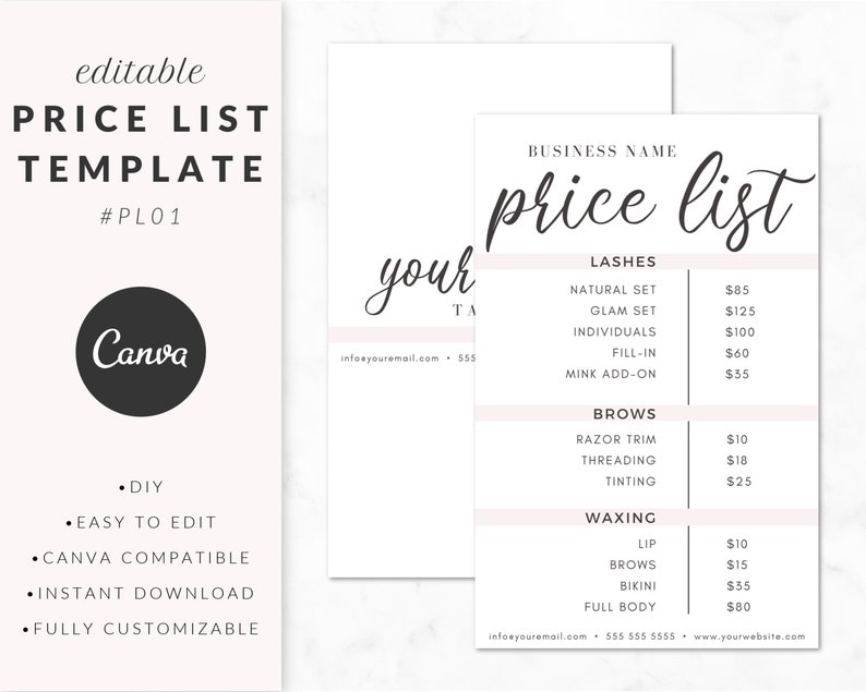 Price List Template For Canva Service List Design Guide Etsy